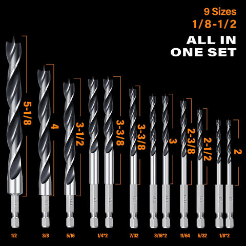 Front view of brad point wood drill bit set, 12 PC, 1/8 to 1/2 inch hex shank with double flute design, lined up by size.