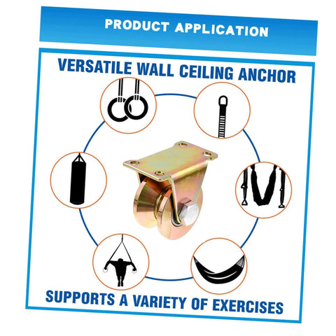 Two Pack Beefy Heavy Duty Steel Pulley Block Swivel Wheel Set For Sliding Doors Track Systems Barn Gates And Garage Applications V Shaped Groove Wheel Replacement Part with versatile wall ceiling anchor and exercise illustrations.
