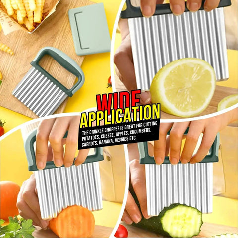 Two Pack Stainless Steel Wavy Crinkle Cutters For Veggies And Fries Durable Home Kitchen Tool To Create Crinkle Fries Fancy Vegetable Slices Fruit Cheeses And More Great For Quick Fun Chef Style Cuts shown cutting various fruits and vegetables