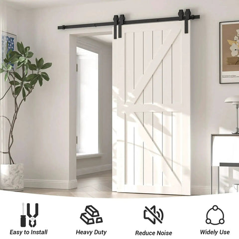 Six Foot Bypass Sliding Barn Door Hardware Kit For Double Wooden Doors With Single Track In Combination Track Mode Designed For A 70 Inch Door Opening Installed in modern living space
