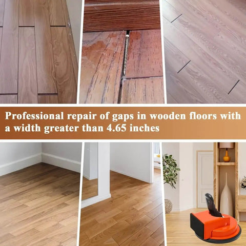Pro Grade Floor Gap Fixer Tool With Strong Suction Cup And 10 Reusable Sticky Pads For Laminate Vinyl And Hardwood Floors, Easy Pro Repairs In Minutes, Heavy Duty Gap Repair Kit shown with usage examples on various wooden floors