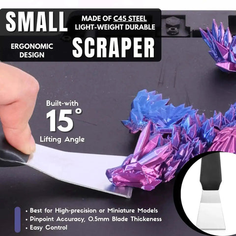 Person using small C45 steel scraper for model removal from 3D printer; Pro Grade All In One Go To 3D Printer Scraper Kit With Four Blade Types And Ten Spare Blades For Quick Model Removal From Large Medium And Small Prints Built For Safe Bed Access And Everyday 3D Printing.
