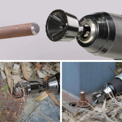 Beefy Tungsten Carbide Chamfering Drill Bit One Half To One And Three Eighths Inch Uniburr Deburring Tool installed on a drill.