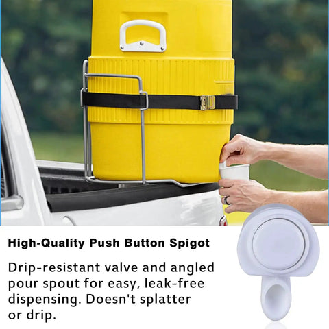 Push Button Cooler Spigot Replacement 3 Pack White For 2 To 10 Gallon Beverage Coolers installed on yellow cooler outdoors