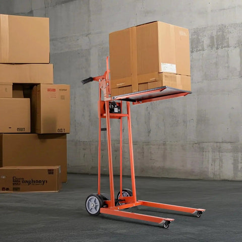 VEVOR material lift winch stacker with pallet on lift plate; orange steel frame and dual rear wheels