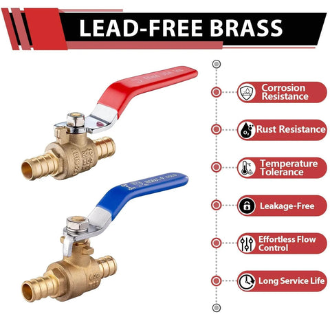 Pack Of 10 Half Inch Pex Brass Full Port Shut Off Ball Valve For Hot And Cold Water With Red And Blue Handles UPC Certified ASTM F1807 NSF ANSI 61 DZR Brass Corrosion Resistant Compatible With Stainless Steel Clamp And Copper Crimp Ring with corrosion-resistant red and blue handles, front view.