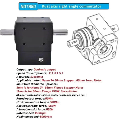 Dual axis right angle planetary gearbox with seven arc minute precision commutator for 80 Servo and Nema 34 stepper motors, 50Nm rated.