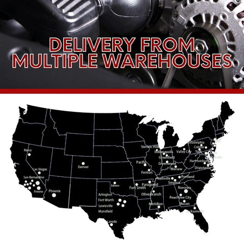 Map of USA highlighting delivery locations and text 'Delivery from Multiple Warehouses' over engine background.