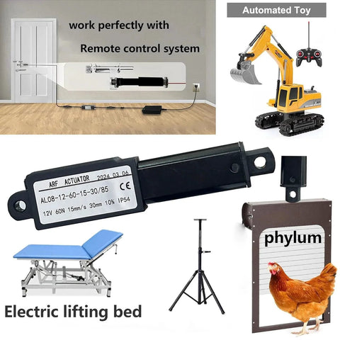 12V Mini Linear Actuator With 30mm Stroke, 60N Load, 15mm Per Second Travel, IP54 Waterproof With Mounting Bracket displayed with applications