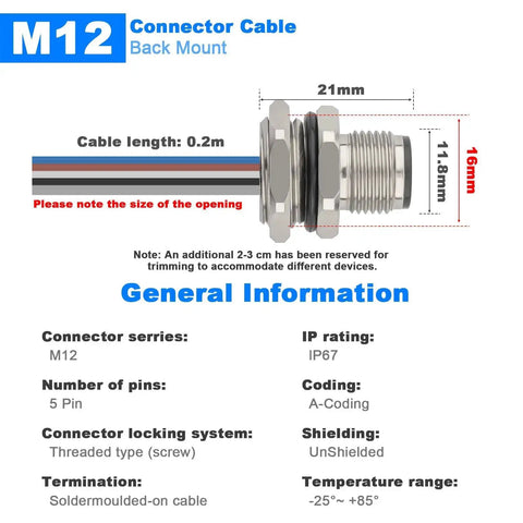 Diagram of M12 Rugged 5 Pin A Code Male Connector Cable back mount showing dimensions, IP67 waterproof rating, and trim details.