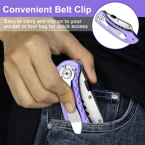 Person clipping the Folding Utility Knife With Quick Change SK5 Blades Axis Lock Aluminum Handle onto a pocket.
