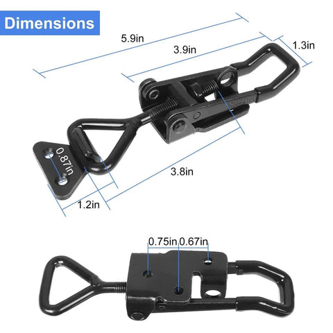 Set Of 4 Beefy Heavy Duty Toggle Latch Clamps With 660 Lb Capacity, Adjustable black metal clamps dimensions shown.