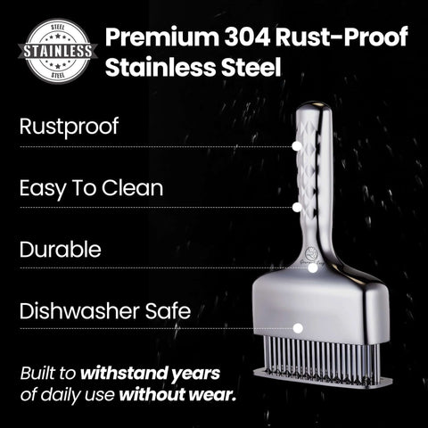 Heavy Duty One Piece Meat Tenderizer Tool With Extra Long Handle No Assembly Rustproof Stainless Steel Blades And Sharp Needle Punch Mallet Hammer For Juicy Steaks A No Fuss Kitchen Must Have shown in stainless steel with rustproof features.