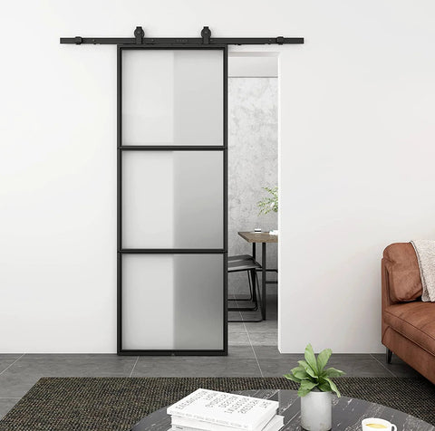Frosted Glass Barn Door 30In By 84In With Top Mounted Hardware Kit Soft Close Black Carbon Steel Frame Tempered Glass Sliding Door