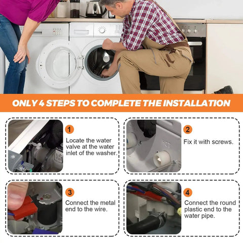 Washer hot-water inlet valve being installed in a front-loading washing machine; four-step installation banner visible