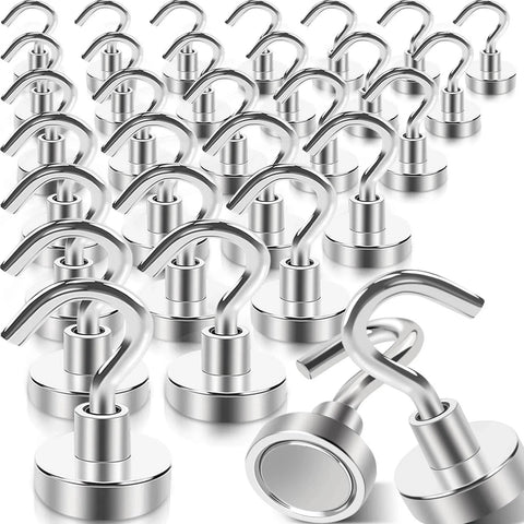 30 Pcs Super Strong Magnetic Hooks 25 Lbs Heavy Duty Magnetic Hooks For Hanging Rare Earth Neodymium Magnets Ideal For Cruise Ship Camping Kitchen Fridge Garage Wall Mounting Great For Kitchens Racks Garages Boats Campers And More displayed on a plain background.