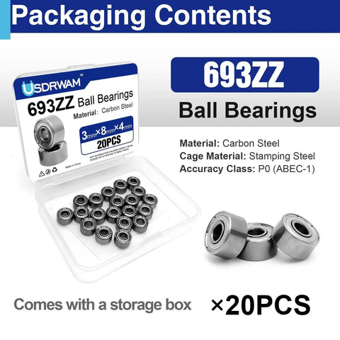 20Pcs 693ZZ Miniature Ball Bearings 3x8x4mm High Speed Low Noise Double Shielded Deep Groove Bearings packaging and bearings
