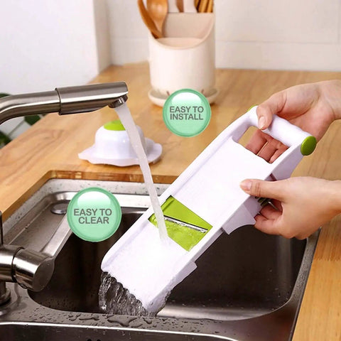 Person rinsing Adjustable Mandoline Slicer With 5 Ultra Sharp Stainless Steel Blades for Veggies and Fruits GProMe Slicer under tap