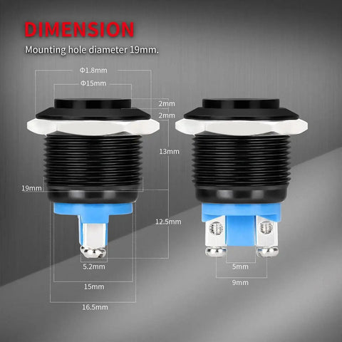 Dimensions shown for 12V 19mm Momentary Horn Push Button Switch Waterproof Round Power Button For RV Truck Boat Marine Rugged Heavy Duty Panel.