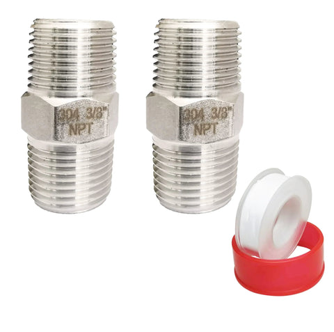 Two POTONZ 3/8 inch male NPT stainless steel nipple fittings with hex body, 304 SS, includes Teflon tape