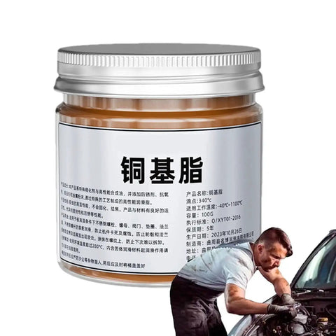 Copper Thread Grease Anti Seize Lubricant For Brake Systems And Metal Fasteners High Temp Top Notch Formula With Brush Prevent Seizing Stuck Bolts And Threads 100g jar and mechanic working on car engine