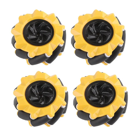 Four 80mm yellow Omni Directional Mecanum Wheel Kit for DIY Smart Robot Car with grippy rubber coating, suitable for TT motors.