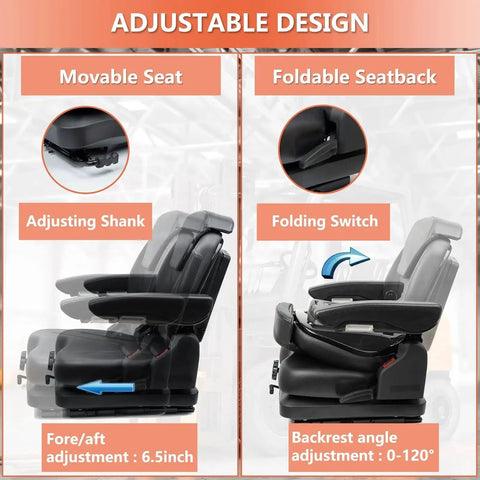 Side view of Highback Suspension Tractor Seat With Adjustable Back Fold Down Armrests showing adjustment features.