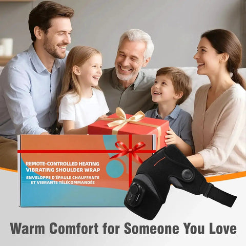 Family smiling with gift box of Cordless Shoulder Heating Pad With Detachable Remote, Five Heat Levels And Five Vibration Modes.