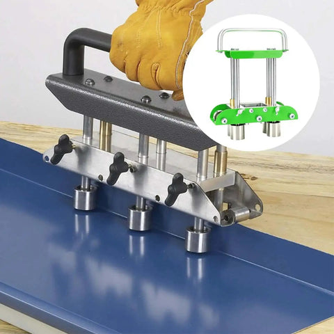 Pro-Grade Three Station Sheet Metal Roller Bender For 0 To 90 Degree Bends, adjustable rollers on blue metal sheet