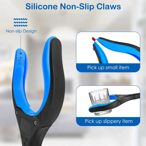 Close-up of 32 Inch Foldable Reacher Tool with 360 Degree Rotating Anti Slip Jaw and Magnet, showing silicone non-slip claws.