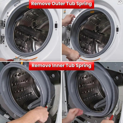 Front-loading washing machine with tub spring removal tool in use; shows inner and outer tub springs.
