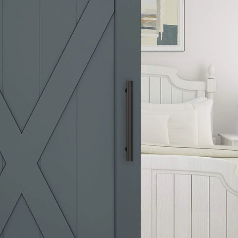 Madison Barn Door Pull Handle Matte Black 12 Inch for Wood Interior Doors Modern Farmhouse Hardware installed on blue barn door