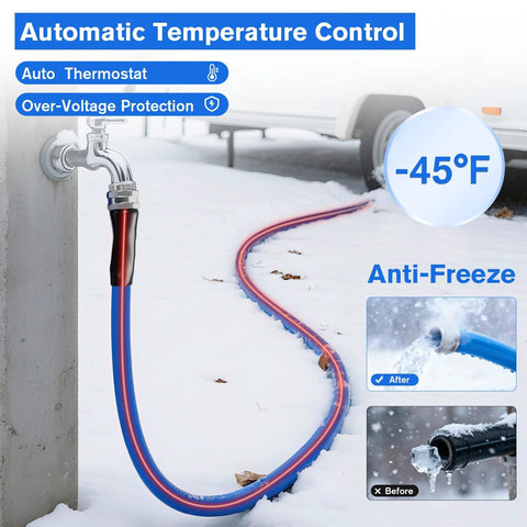 RV heated water hose, blue exterior, 100 ft x 5/8 in, auto thermostat, anti-freeze design with leak-free fittings