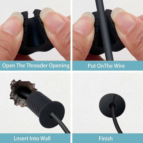 Installation steps for 2 Pcs Starlink Cable Routing Kit For 1 Inch Wall Hole, showing silicone grommet and cable punch in use.