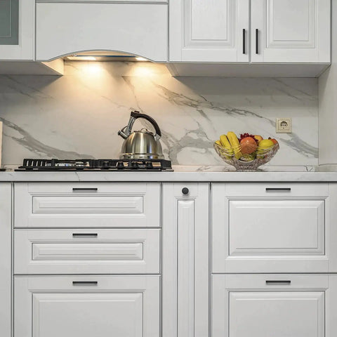 Square Cabinet Pulls 10 Pack 5 Inch Matte Black Cabinet Handles on white kitchen cabinets near stovetop