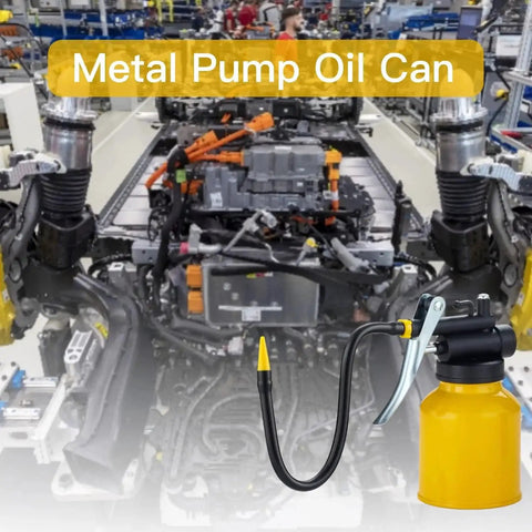 Metal Pump Oiler Can With Dual Spouts For Cars Bikes And Machinery 8 Oz Yellow Powder Coated Oil Can shown in factory setting.