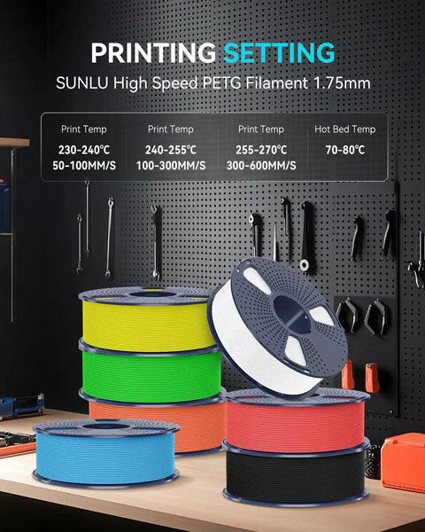 High Speed PETG Filament 1.75mm 4kg Pack Of 4 Spools For Fast 3D Printing in various colors on workbench