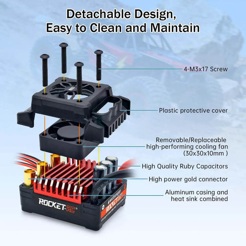 Exploded view of Supersonic V2 130A Beefed Up Brushless ESC with plastic cover, cooling fan, ruby capacitors, and aluminum casing.