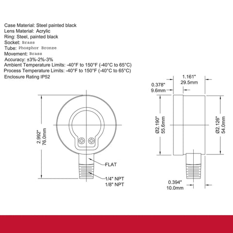 Technical drawing of a 2 Inch Dial Dry Pressure Gauge with 0 to 100 Psi and KPa dual scale, brass internals, black steel case, bottom mount.