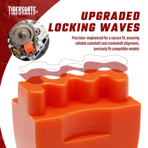 Close-up of TIGERSGATE orange double-headed cam/crankshaft locking tool for Harley Twin Cam M8 engines