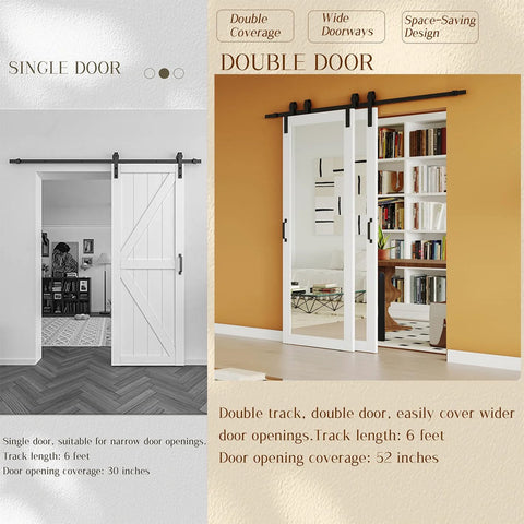Space Saving Bypass Barn Door Set 60 By 84 Inches With Dual 30 By 84 Panels Single Track For Double Mirror Doors MDF Painted White Six Foot Sliding Hardware Kit No Fuss Easy DIY Install Modern Quiet, white barn door displayed in living space.