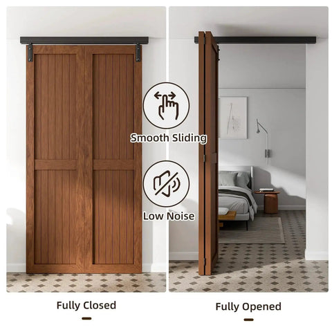 40 Inch Box Rail Hardware For Bifold Sliding Barn Door Track Ceiling Mount Kit Up To 38 Inch Wide Single Door Not Included Aluminum Alloy Hanger Rollers With Nylon Wheels For Smooth Operation installed view opened and closed.