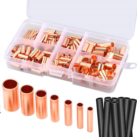 250 Piece Wire Ferrules Kit With 7 Sizes Copper Non Insulated Crimp Connectors And Heat Shrink Tubing in transparent organizer box
