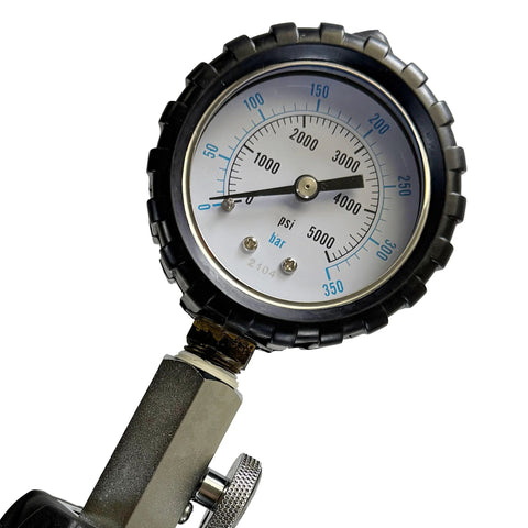 Scuba DIN tank pressure gauge with stainless steel valve and black protective ring, 0–5000 psi / 350 bar