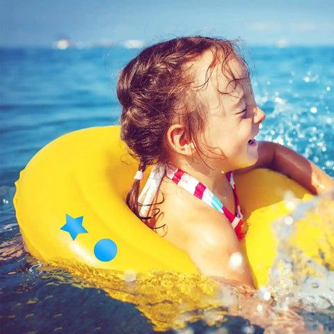 Child playing in water with inflatable ring, showcasing pool fun and safety, related to Blue Rectangle Patch Vinyl Liner Repair Kit For Above Ground Pools 49 By 34 Inch With Heavy Duty Adhesive Patches For Quick Leak Repair And Long Lasting Seal On Pool Liners.