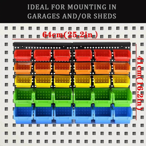 All In One Wall Mounted Storage Bins Kit For Tools And Hardware With Pegboard Organizer Rack And 30 Bins In Five Color Parts