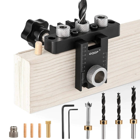3-In-1 Dowel Jig Kit For Precise Doweling And Self Centering Alignment, showing parts and accessories on wood block