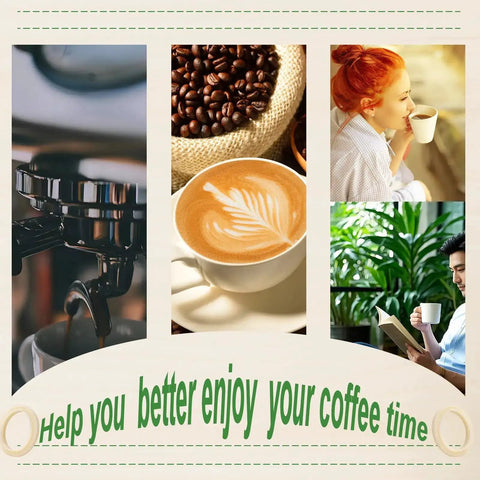 Collage of coffee brewing, coffee beans, latte art, and people enjoying coffee.