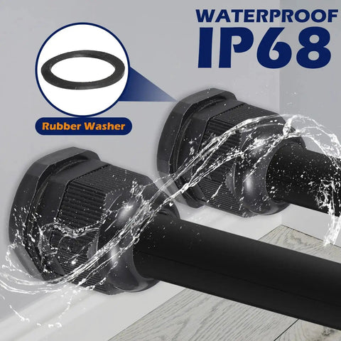 Close-up of waterproof IP68 cable glands from All In One Heavy Duty 72 Piece Cable Glands Kit with rubber washer for strain relief.