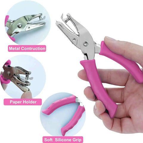 One Quarter Inch Hole Punch For Crafts With Pink Soft Grip Handle, handheld paper puncher for home office classroom, close-up view